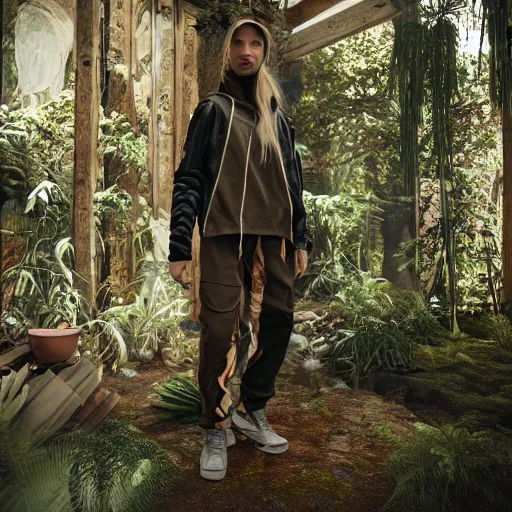 Image similar to bohemian techwear clothing, luxury clothing made with natural materials, earth tones, bright nature colors, light colors, daytime natural background with plants 3 d, octane render, product render, fashion photography, beautiful, fashion, intricate, highly detailed, 8 k, cycles render, dynamic, modeled