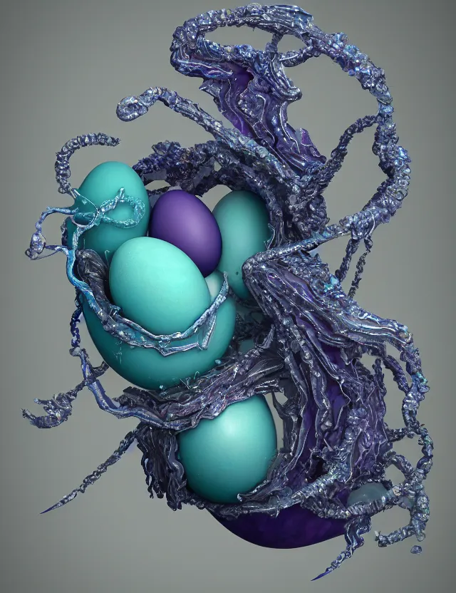 Image similar to a photo of a sculpture of a winged child made from blue and emerald and amethyst crystal geode formations with a marble egg with obsidian base with liquid gold tendrils flowing by ellen jewett by stanisław szukalski, octane render, byzantine, recursive, tendrils, elestial crystals, geode,