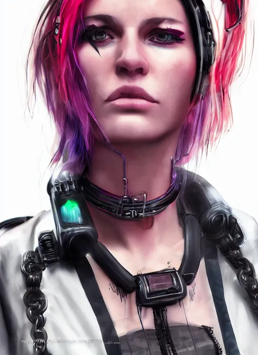 Image similar to detailed realistic female character cyberpunk wearing thick technological collar around neck, realistic, art, beautiful, 4K, collar, choker, collar around neck, punk, artstation, detailed, female, woman, choker, cyberpunk, neon, neon, punk, collar, choker around neck, collar around neck,