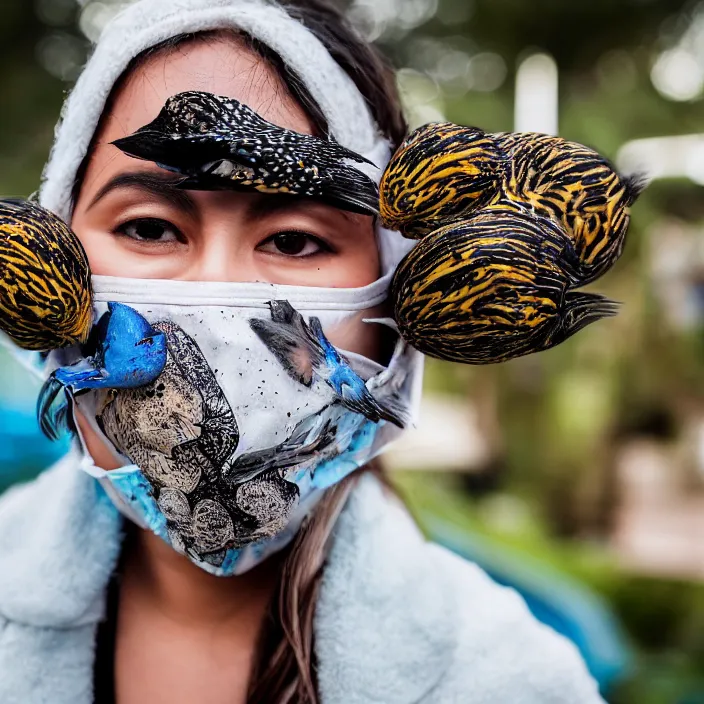 Image similar to a closeup portrait of a woman wearing a mask made of birds, in an abandoned theme park, by omar z. robles, canon eos c 3 0 0, ƒ 1. 8, 3 5 mm, 8 k, medium - format print