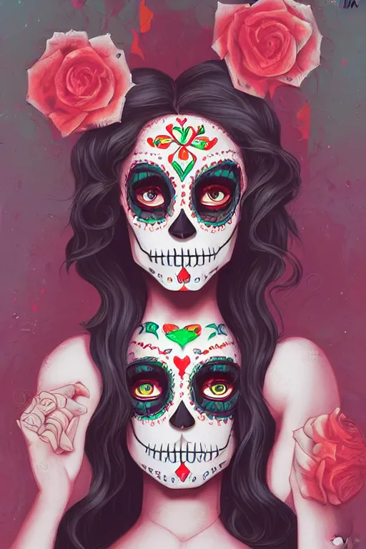 Prompt: illustration of a sugar skull day of the dead girl, art by jordan grimmer