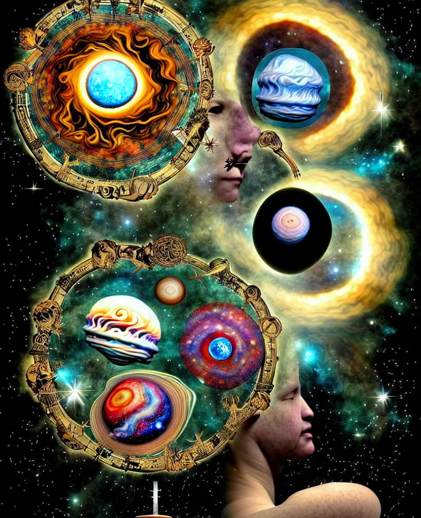 Image similar to inside the universe of a human body soul, whimsical uncanny creature alchemizes unique canto about'as above so below'being ignited by the spirit of haeckel and robert fludd, breakthrough is iminent, glory be to the magic within, to honor jupiter, surreal collage by ronny khalil