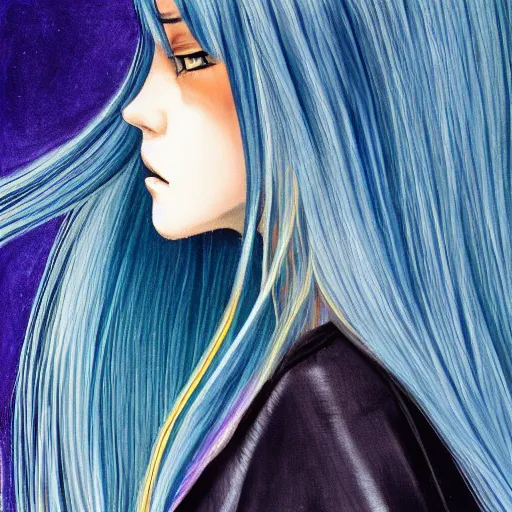 Image similar to profile shot of rimuru tempest, sky blue straight hair, long bangs, gold eyes, smug, wearing a black jacket with white stripes, high collar, ultra detailed, brush strokes, digital painting, cinematic, wlop, closeup, pixiv, color block, eerie, scary, yoshitaka amano, andy warhol, junji ito