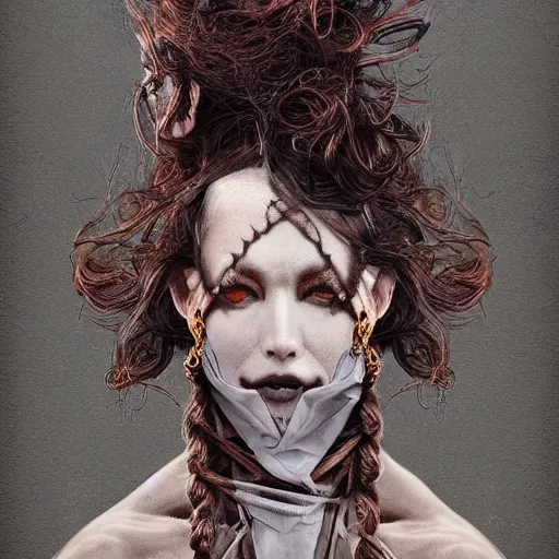 Image similar to portrait of a Shibari rope wrapped face and neck, headshot, insanely nice professional hair style, dramatic hair color, digital painting, of a old 17th century, old cyborg merchant, amber jewels, baroque, ornate clothing, scifi, realistic, hyperdetailed, chiaroscuro, concept art, art by Franz Hals and Jon Foster and Ayami Kojima and Amano and Karol Bak,