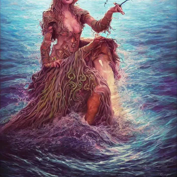 Image similar to sea witch casting a spell in the water, d & d style, trending on artstation, intricate, highly detailed, vivid painting, colorful, art by alexandr leskinen