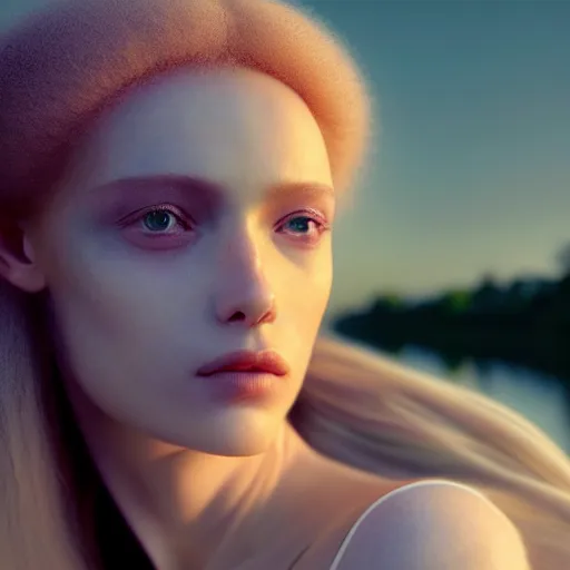 Image similar to photographic portrait of a stunningly beautiful renaissance female in soft dreamy light at sunset, beside the river, soft focus, contemporary fashion shoot, in a denis villeneuve and tim burton movie, by edward robert hughes, annie leibovitz and steve mccurry, david lazar, jimmy nelsson, extremely detailed, breathtaking, hyperrealistic, perfect face, octane render