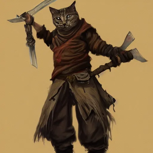 Prompt: dirty homeless humanoid cat wearing rags, wielding a broadsword, concept art, d & d, fantasy, trending on artstation