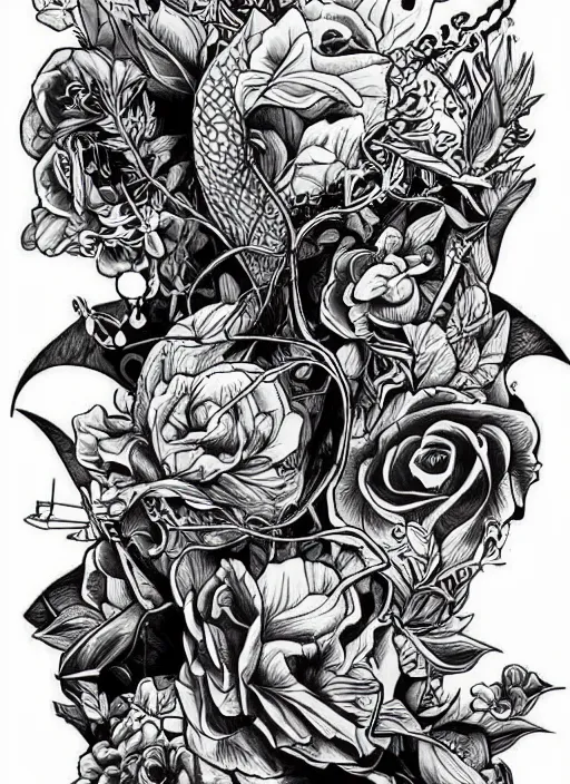 Image similar to tattoo flash art, black and white, by james jean