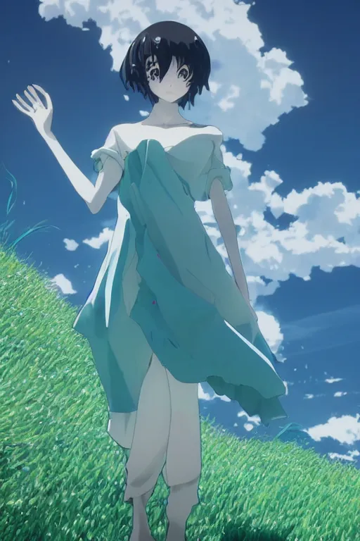 Prompt: 3D CG anime Land of the Lustrous Houseki no Kuni character Phosphophyllite person made of bluegreen gem rock with a very large bust standing in a grassy field on a sunny day wearing a white business shirt with black tie and black shorts, ocean shoreline can be seen on the horizon, holding a black katana, beautiful composition, 3D render, 8k, key visual, made by Haruko Ichikawa, Makoto Shinkai, studio Ghibli