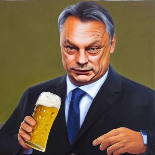 Image similar to viktor orban with a beer, anatomically correct, oil painting, highly detailed