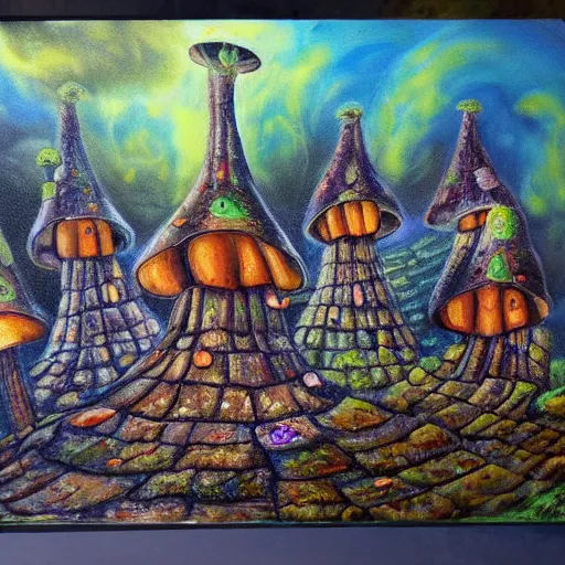 Image similar to mushroom houses spiraling into infinity, abomination, oil painting, highly detailed, 4 k