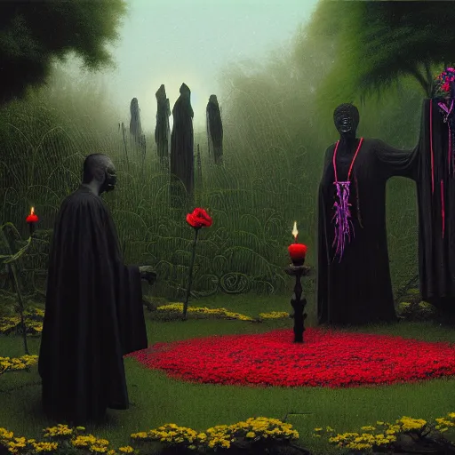 Prompt: papa legba being being worshipped by a haitian death cult wearing black robes in a rose garden with a reflective pool, by Zdzislaw Beksinski and greg rutkowski and android jones and thomas kinkade in a surreal cyberpunk voodoo style, oil on canvas, 8k, hd,