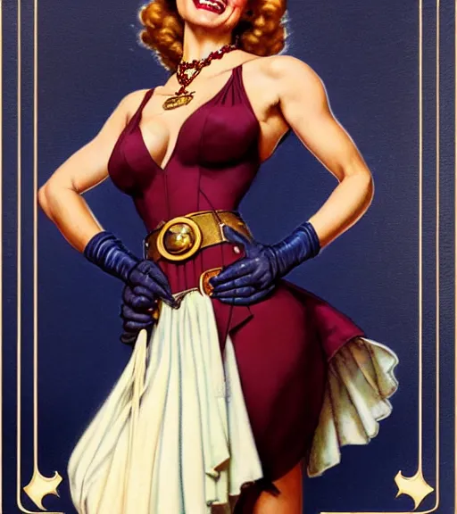 Image similar to a beautiful lady as a magic the gathering card by magali villeneuve and gil elvgren and norman rockwell, crisp details, hyperrealism, smiling, happy, feminine facial features, stylish navy blue heels, gold chain belt, cream colored blouse, maroon hat, windblown, holding a leather purse, mtg