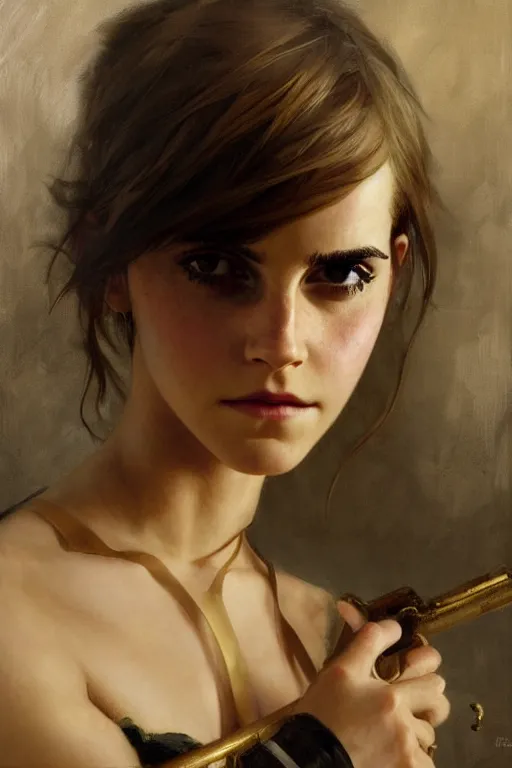 Image similar to detailed portrait of a beautiful emma watson as nier automata muscular, painting by gaston bussiere, craig mullins, j. c. leyendecker