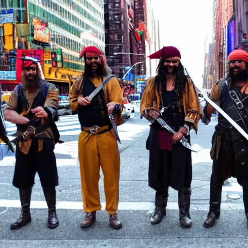 Image similar to real pirates standing with they swords ready in the middle of the road in new york city.