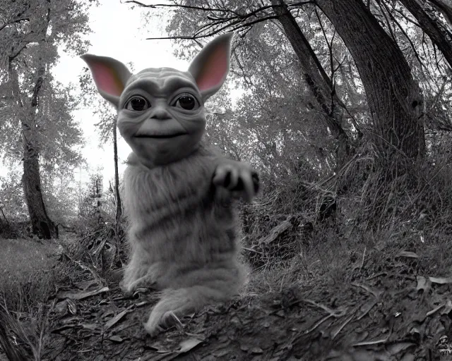 Prompt: trailcam image of yoda, pointing at the camera, black and white, wide angle lens, nightshot, cdx