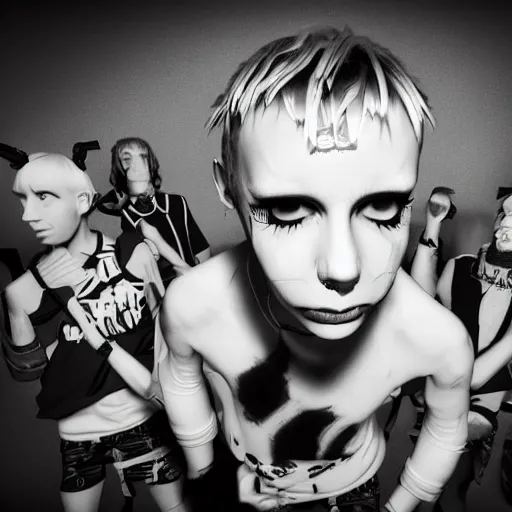 Image similar to bandphoto of chiptune band, in the style of billelis and james jean and pedro conti and stanley kubrick, inspired by die antwoord, black and white, photorealistic, epic, super technical, 3 d render