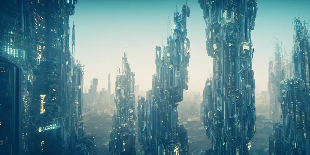 Prompt: organic skyscraper with an generative design exoskeleton, futuristic city vista, glowing lights, dynamic lighting, twinmotion render, intricate details, bladerunner 2049