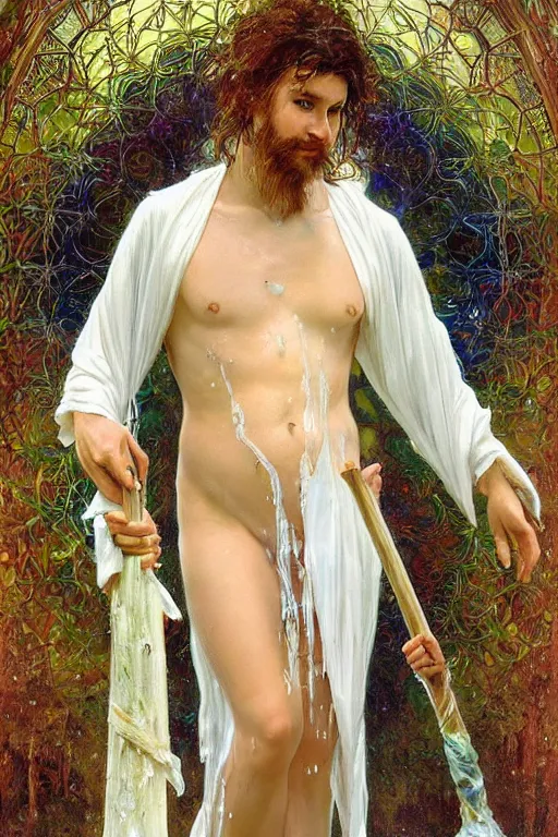 Prompt: portrait of a beautiful man wearing a white robe, holding a long fantasy staff, drenched body, wet dripping hair, emerging from the water, fantasy, regal, fractal crystal, fractal gems, by stanley artgerm lau, thomas kindkade, alphonse mucha, loish, norman rockwell