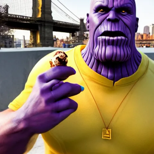 Image similar to Thanos enjoying an ice cream cone in Brooklyn