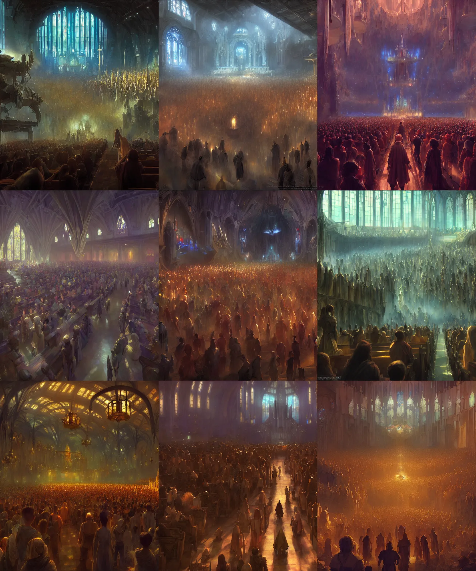 Prompt: fantasy movie scene craig mullins and ghibli and james gurney digital painting of a crowd in a futuristic church, strong contrast, priest, pews, ethereal, inviting, bright, raking light, unreal engine, hyper realism, realistic shading, cinematic composition, blender render, octane render, hdr, detailed textures, photorealistic, wide shot