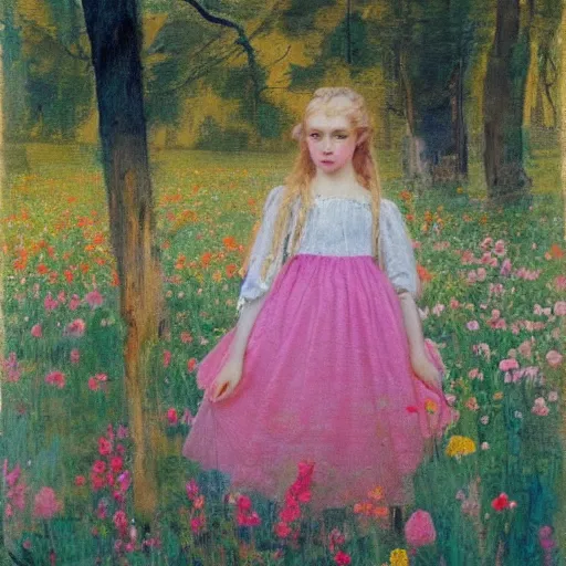 Prompt: A experimental art of a young girl with blonde hair, blue eyes, and a pink dress. She is standing in a meadow with flowers and trees. costume by Tom Roberts placid