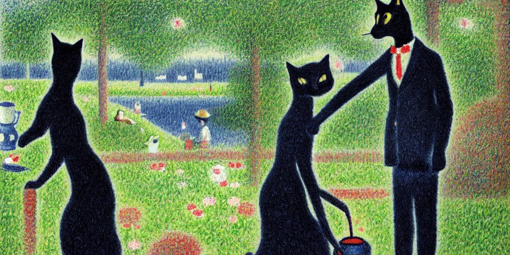 Prompt: anthropomorphic black cat in a suit serving tea to a lady in a beautiful blue dress on a boat, garden, flowers, lake, pale colors, anthropomorphic cat, sunny, sharp focus, highly detailed, pointillist style, art by Georges Seurat, painting, masterpiece