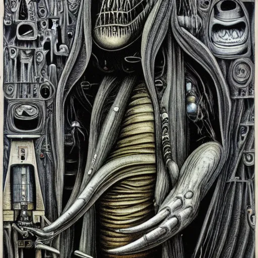 Prompt: the groke hooked up to a machine, hr giger artwork, very detailed!, high quality, 4 k