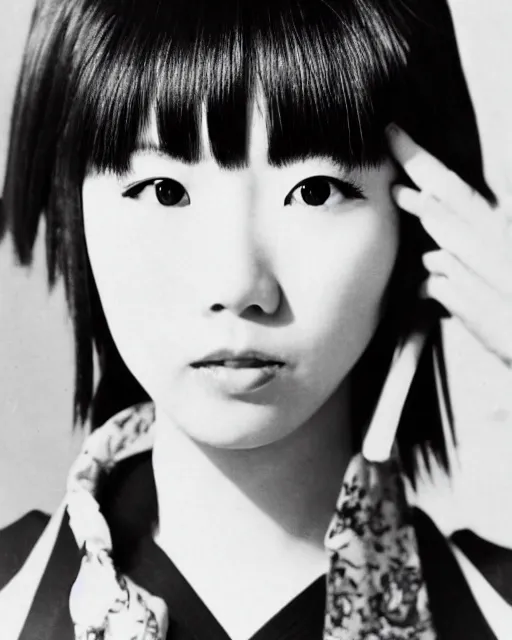 Image similar to photo of a trendy japanese woman with bangs in 1966, wearing an open kimono, artistic, black and white