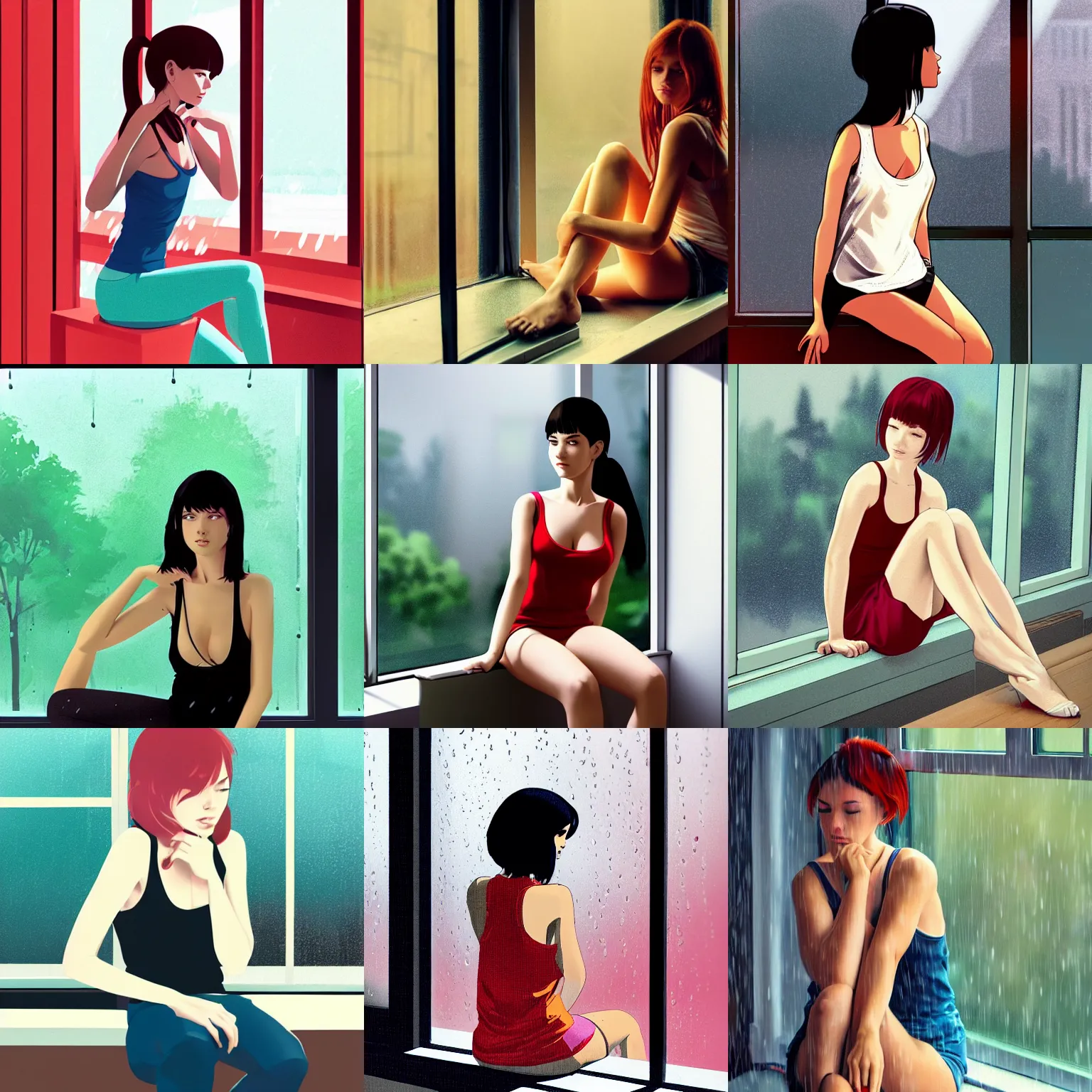 Prompt: sexy girl wearing a tanktop, sitting down and leaning against the window, rainy background in the window, in the style of ilya kuvshinov