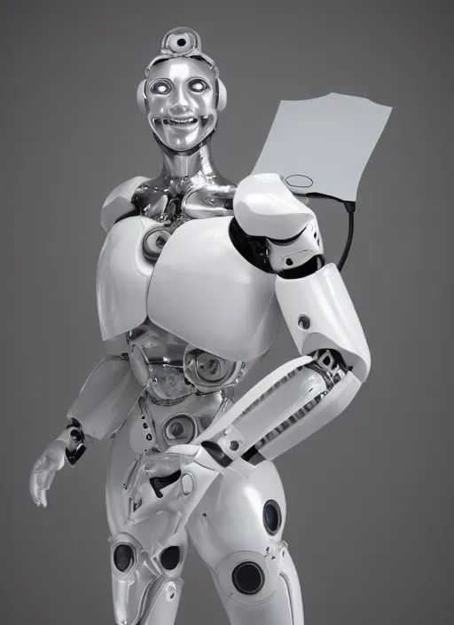 Image similar to portrait of a futuristic blanco ceramic Spanish prince grinning humanoid robot with a handsome face wearing a plastic crt monitor screen face and muscular body reclining, macho, piroca, dotado, guapo, matte surface, trending on cgsociety