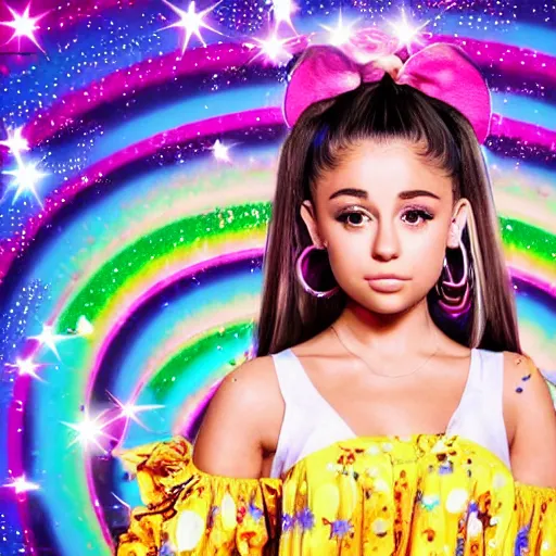 Prompt: 35mm macro shot portrait of an extremely cute and adorable Prismatic Spectrum Cosmic Magical Girl Ariana Grande Selena Gomez Miley Cyrus Miranda Cosgrove from the Rainbow Sky Paradise playing Dance Dance Revolution at Eurovision and Tomorrowland, large piercing eyes, smirk, flat vector art