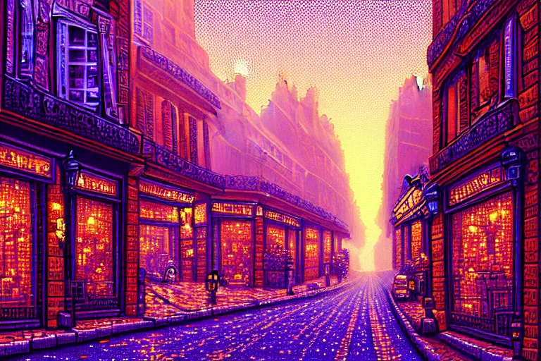 Image similar to a city street in paris under the dark sun, beautiful detailed pixelart by albertov, intricate details, beautiful, dithered gradients, volumetric lighting, cgsociety, artstation, smooth, sharp focus, 2 d illustration, amazing art by dan mumford