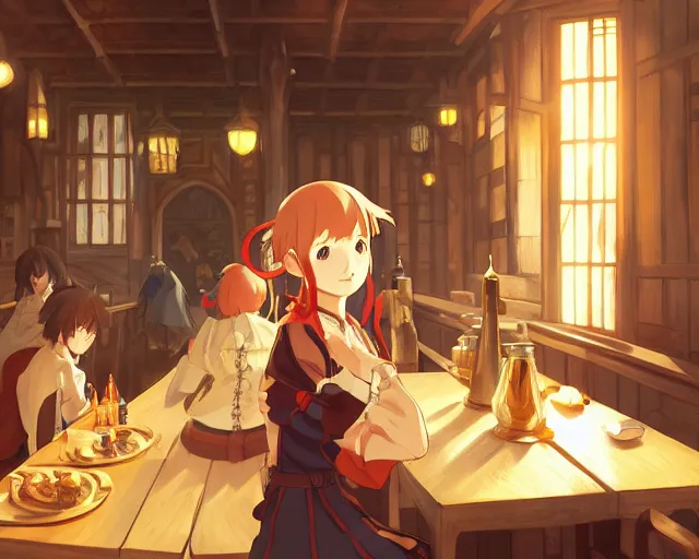 Image similar to anime visual, portrait of a young female traveler in a busy fantasy medieval tavern interior, cute face by yoh yoshinari, katsura masakazu, studio lighting, dynamic pose, dynamic perspective, strong silhouette, anime cels, ilya kuvshinov, cel shaded, crisp and sharp, rounded eyes