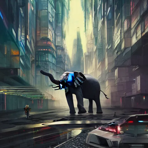 Prompt: elephant in futuristic cyberpunk city, flying cars on background, acrilic paint, digital, artstation, detailed intricate ink illustration, heavenly atmosphere, digital art, overdetailed art, concept art, complementing colors, trending on artstation, cgstudio, the most beautiful image ever created, dramatic, subtle, details, award winning artwork, beautiful scenery