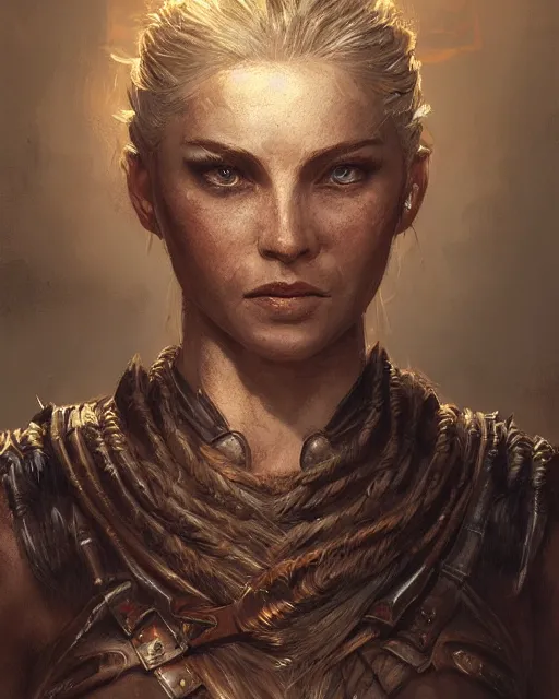 Image similar to the elder scrolls vi, charismatic rugged female nord warrior portrait, illustration, rim light, top light, perfectly shaded, golden hour, epic, intricate, soft painting, art by ross tran, krenz cushart and wenjun lin