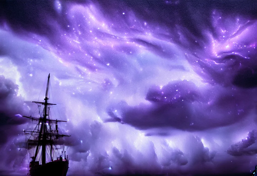 Prompt: purple color lighting storm with stormy sea close up of a pirate ship firing its cannons trippy nebula sky with dramatic clouds by banksy Photorealism