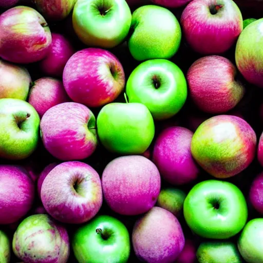 Image similar to one green apple in the middle of a bunch of pink lemons