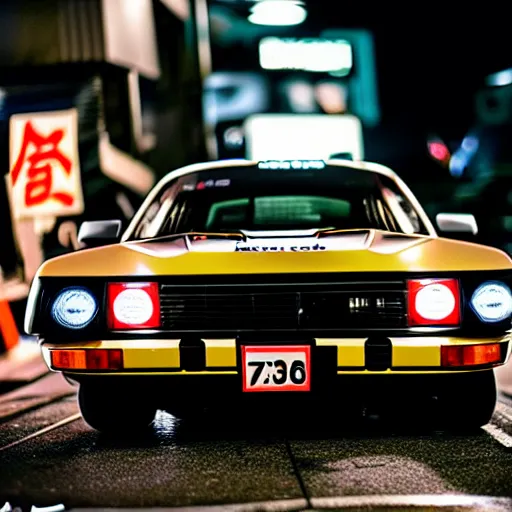 Image similar to a car S30 turbo drift at illegal car meet, shibuya prefecture, midnight mist streetlights, color grade, photorealistic, highly detailed wheels, highly detailed