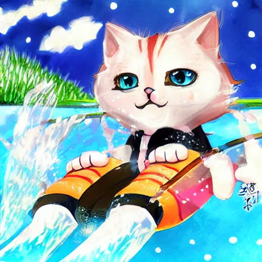 Image similar to art by Kawacy, cute cat sliding down a water slide