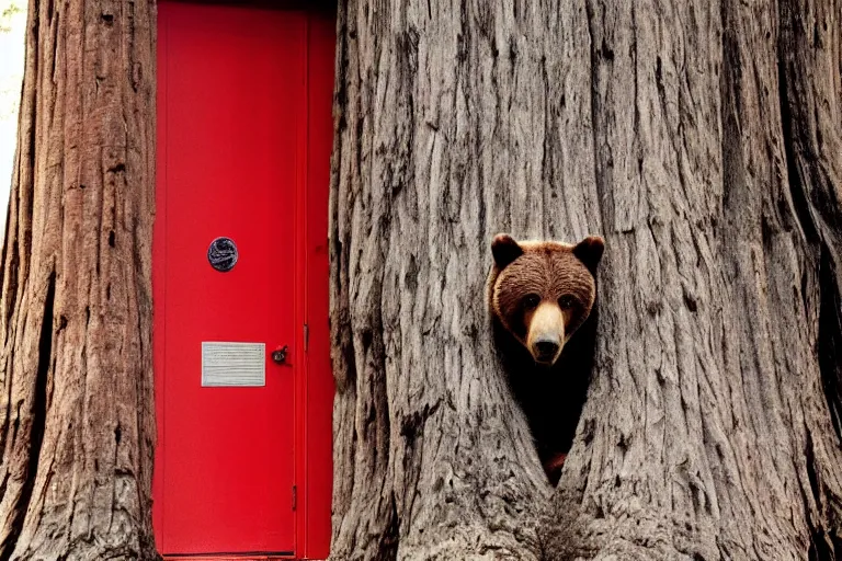 Image similar to grizzly wearing a red shirt sitting outside big sequoia tree with a red door by Roger Deakins