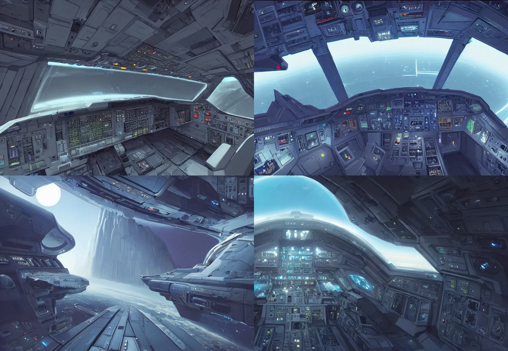 Prompt: the cockpit of a science fiction fighter spaceship a beautiful matte painting trending on artstation, moebius, beeple, hyperdetailed