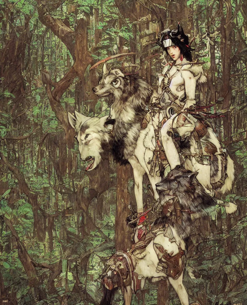 Image similar to portrait of Princess Mononoke, wolves, fully clothed in armor, lush forest, neon, concept art, schematics, painted by norman rockwell, mucha, james gurney, high detail, denoised, sharp, architectural