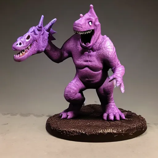 Prompt: Barney the Dinosaur as a Mage Knight Rebellion figure