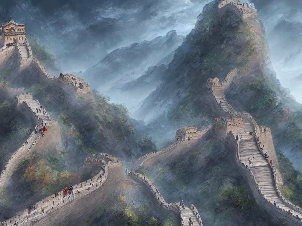 Image similar to advanced high technology version of the great wall of china with robot guards, digital painting, trending on artstation, deviantart, 8k, epic composition, intrinsic details, perfect coherence