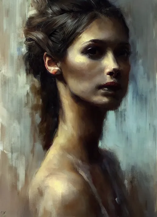 Image similar to beautiful portrait painting of a woman posing in an artistic pose holding her hair bun over a bed, by jeremy mann, only one head single portrait