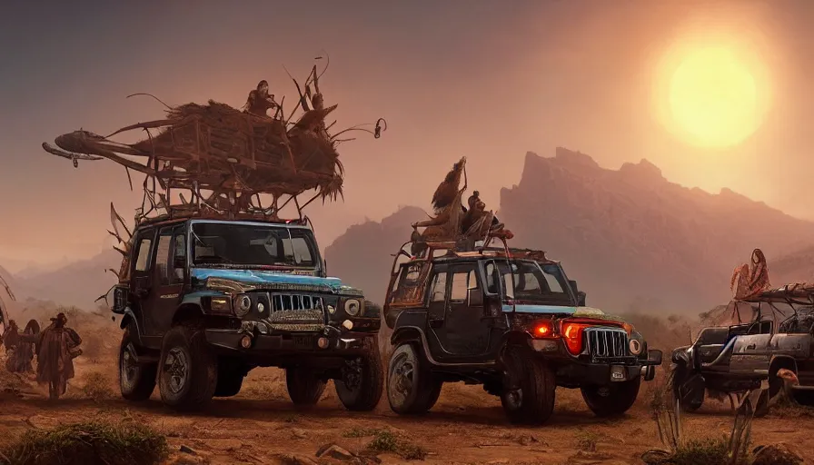 Image similar to Mahindra thar, tribe members attacking, action scene, an epic fantasy, dramatic lighting, cinematic, establishing shot, extremely high detail, photorealistic, cinematic lighting, tending on artstation, solarpunk, matte painting, octane render, by simon stalenhag, horizon forbidden west