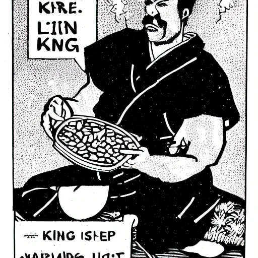 Image similar to battle weary samurai eating king wheat cereal as missiles fly above him