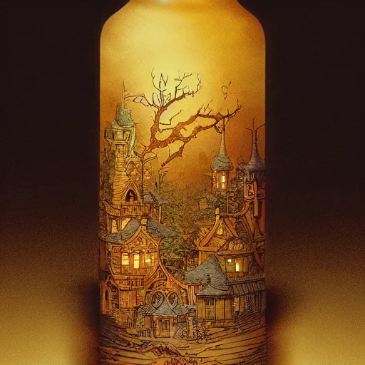 Image similar to a beautiful 🏰 contained inside an ornate vintage bottle by charles vess, studio ghibli & james gurney, artstation, 8 k, beautiful light, hyperrealism, studio photography