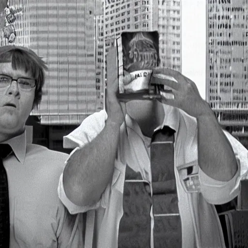 Image similar to peter griffin in They Live (1988), B&W, film still